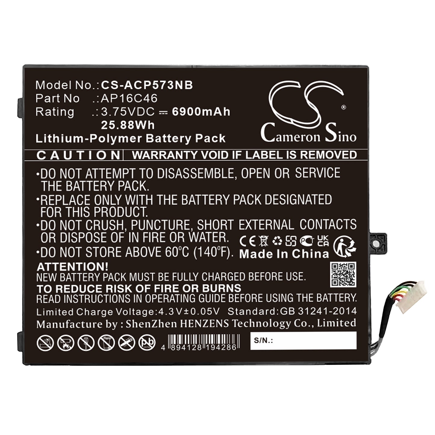 Battery for Acer Aspire E5-573 6900mAh / 25.88Wh