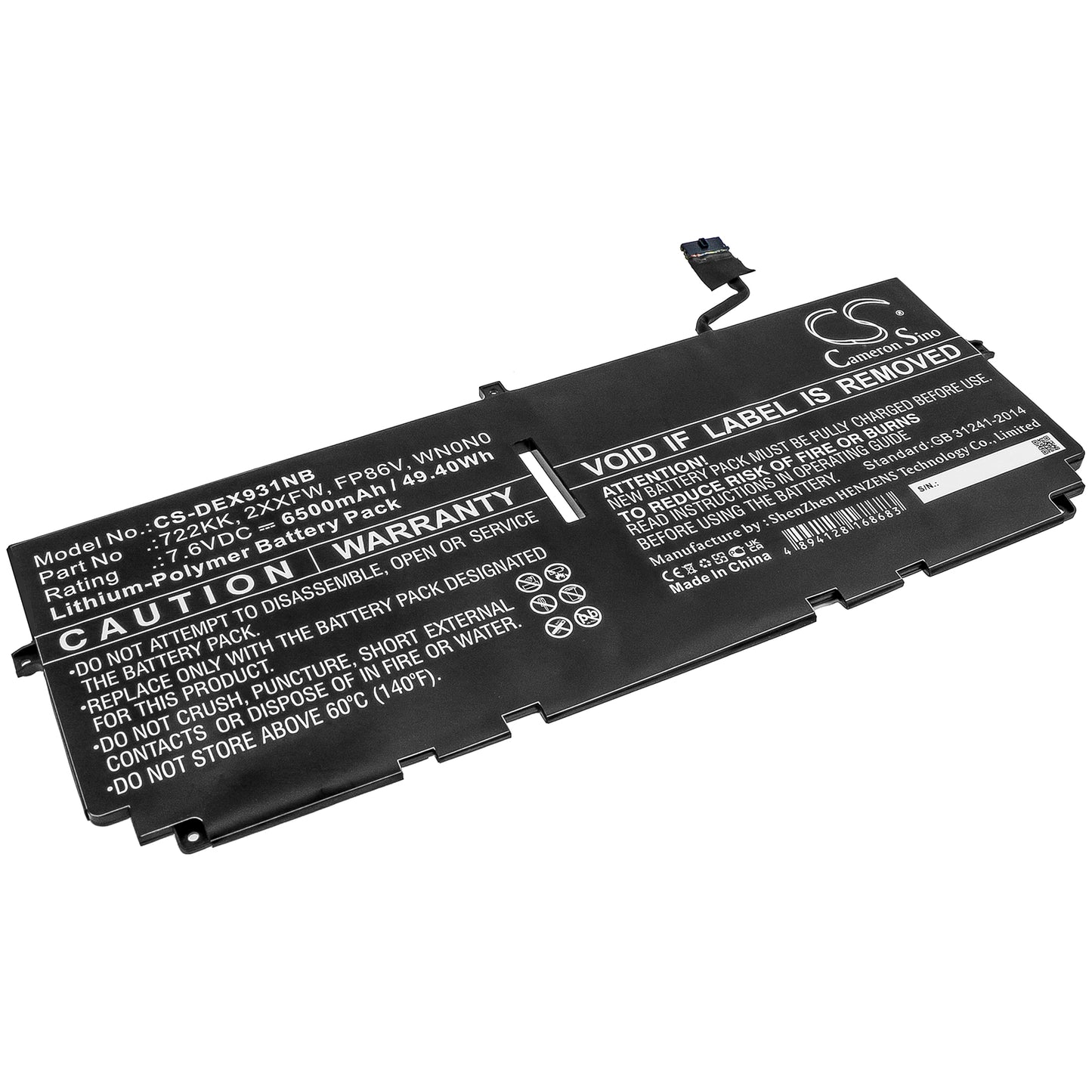 Battery for DELL XPS 13 9300 2020 6500mAh / 49.40Wh